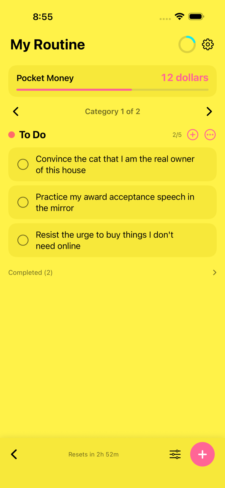 Focus mode showing one category at a time
